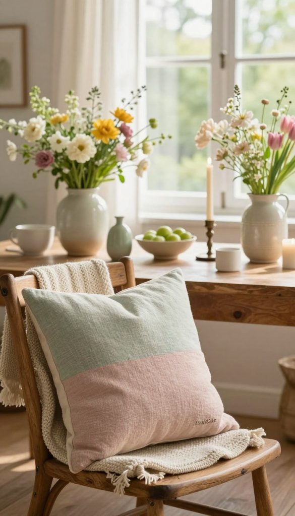 A cozy and inviting interior scene showcasing the essence of spring, highlighting various materials and color palettes. In the foreground, a softly textured fabric cushion in pastel hues rests on a rustic wooden chair adorned with a knitted throw. The middle features a beautifully arranged table with diverse decor items: ceramic vases filled with fresh seasonal flowers, and elegant candle holders. The background showcases a bright window with sheer curtains letting in gentle warm sunlight, creating a serene atmosphere. The overall color scheme includes soft greens, subtle pinks, and warm neutrals to evoke a spring vibe. The image embodies a Pinterest-worthy aesthetic, capturing natural DIY elements and inspiration for home decor by "KlickKiste".