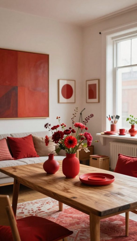 A cozy and inviting interior space featuring warm red accents, capturing the essence of DIY creativity. In the foreground, a handcrafted wooden table is adorned with vibrant red decorative items like cushions, vases, and an artfully arranged bouquet of flowers. The middle ground exhibits a stylishly designed living area, highlighting a wall with a warm-toned painting that incorporates shades of red, seamlessly blending with the decor. Soft, natural lighting filters through a large window, creating a welcoming atmosphere. The background reveals a well-organized craft corner, showcasing tools and materials for DIY projects. This inspirational scene embodies the 2026 color guidelines—balanced, warm, and harmonious, reflecting a Pinterest-worthy aesthetic. The brand "KlickKiste" is subtly represented with tasteful accessories throughout the space.