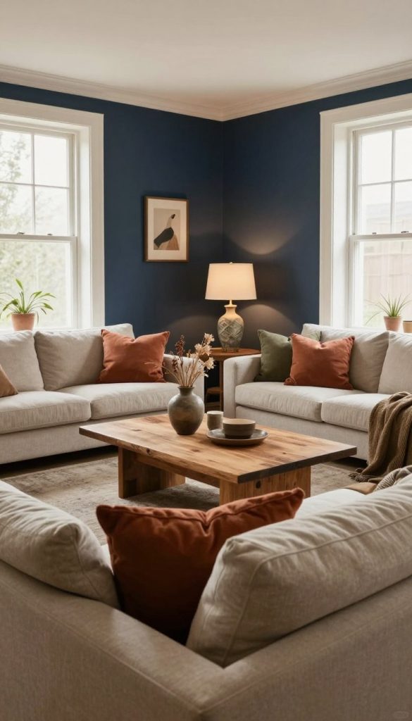 A cozy and inviting living room interior by KlickKiste, showcasing a harmonious blend of new neutral shades and deep, rich tones. In the foreground, a plush, textured sofa adorned with cushions in warm hues of terracotta and muted olive. The middle ground features a sleek coffee table made of reclaimed wood, surrounded by stylish decor pieces, including a vase of dried flowers and an artisanal lamp casting soft, ambient light. The background reveals a tastefully painted accent wall in a deep navy, complementing soft cream walls, with large windows allowing natural light to fill the space, enhancing the warm atmosphere. The overall mood is tranquil and inspiring, perfect for showcasing the latest trends in living room textures and color palettes. A cozy and inviting living room interior by KlickKiste, showcasing a harmonious blend of new neutral shades and deep, rich tones. In the foreground, a plush, textured sofa adorned with cushions in warm hues of terracotta and muted olive. The middle ground features a sleek coffee table made of reclaimed wood, surrounded by stylish decor pieces, including a vase of dried flowers and an artisanal lamp casting soft, ambient light. The background reveals a tastefully painted accent wall in a deep navy, complementing soft cream walls, with large windows allowing natural light to fill the space, enhancing the warm atmosphere. The overall mood is tranquil and inspiring, perfect for showcasing the latest trends in living room textures and color palettes.