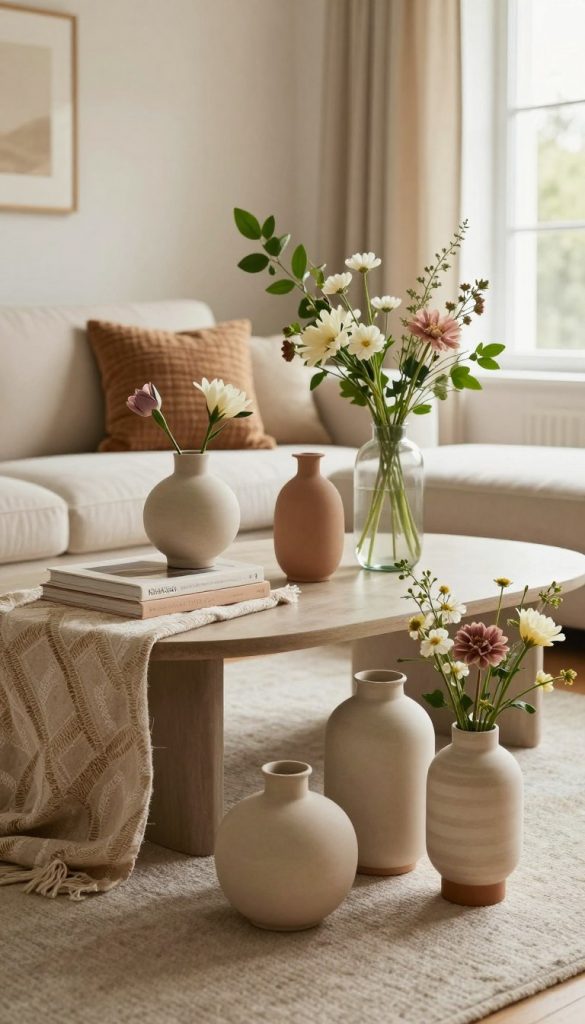A cozy and inviting living room scene featuring beautifully styled modern vases. In the foreground, showcase a set of unique vases in varying shapes and sizes, crafted from ceramic and glass, filled with fresh flowers and leafy greens. The middle layer includes a stylish, contemporary coffee table adorned with a soft decorative cloth and artistic books, complemented by textured cushions on a plush sofa. The background reveals a tastefully decorated wall with subtle art pieces and a large window letting in warm, natural light, creating a tranquil atmosphere. Use a soft focus lens to enhance the cozy feel, capturing the essence of natural DIY aesthetics with a Pinterest-inspired look. Highlight the brand "KlickKiste" through the elegant arrangement and earthy palette.
