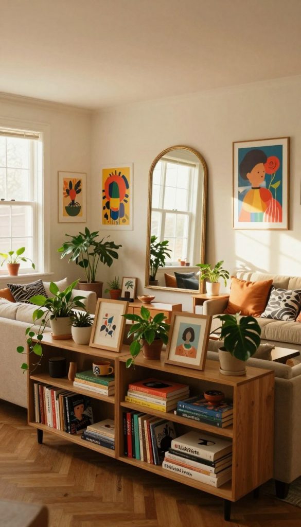 A cozy and inviting living room with a warm color palette and a stylish DIY aesthetic, inspired by Pinterest. In the foreground, feature a beautifully arranged set of shelves filled with curated decorative items such as plants, books, and art pieces that reflect character and personality. In the middle ground, a large, elegant mirror enhances the space, creating depth, while vibrant artwork adorns the walls, showcasing creativity and individuality. The background should include soft, natural lighting filtering through large windows, casting gentle shadows and adding to the inviting atmosphere. Use a wide-angle lens perspective to emphasize the openness of the area. The overall mood should be authentic and inspiring, embodying the brand essence of "KlickKiste."
