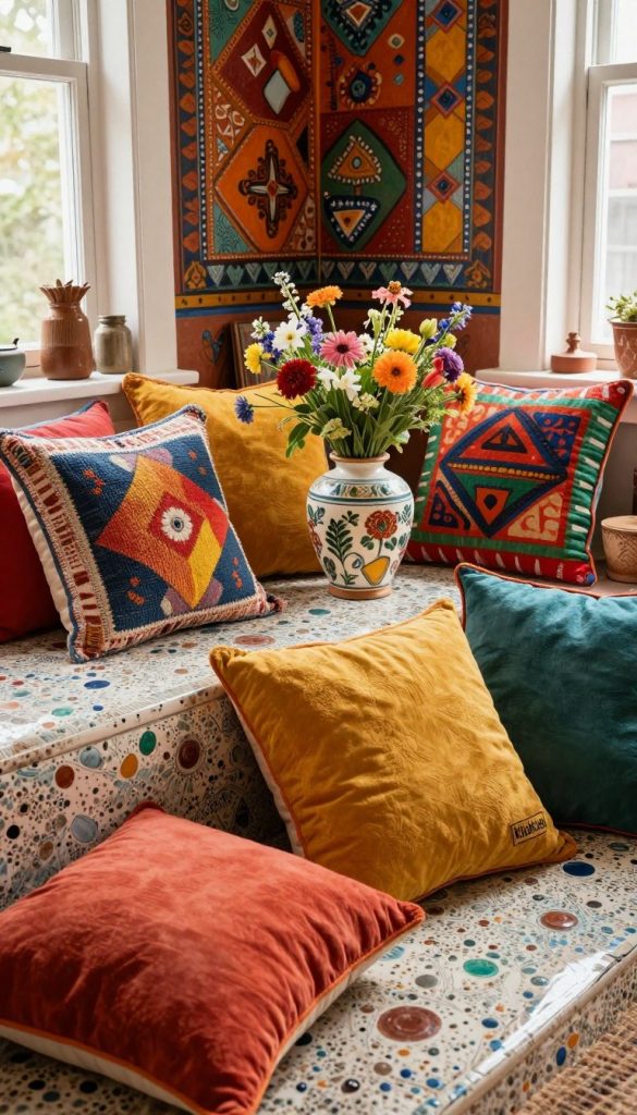 A cozy and inviting living space featuring a colorful array of accent pillows arranged on a textured ceramic surface. In the foreground, soft cushions in bold, harmonious colors echo the maximalist style, showcasing vibrant designs and textures. In the middle, a stylish, artisanal ceramic vase holds fresh flowers, creating a lively focal point. The background features a mural of intricate patterns and warm hues, enhancing the dynamic atmosphere of the room. Natural light filters through a window, casting gentle shadows, and giving a Pinterest-worthy touch to the scene. The overall mood is inspired and vibrant, reflecting a DIY aesthetic. Include a subtle logo of "KlickKiste" on one of the pillows to brand the aesthetic.