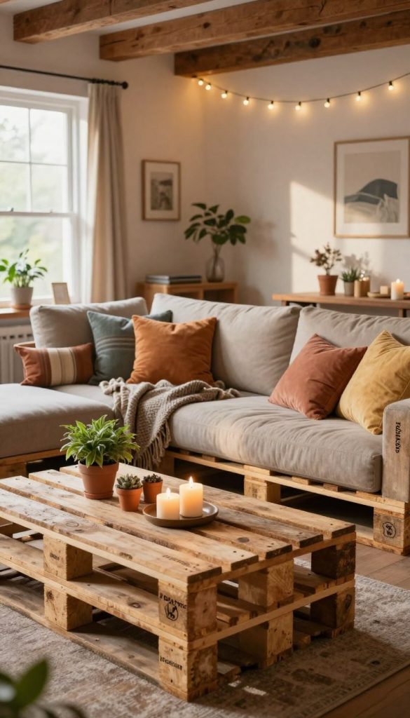 A cozy and inviting living space featuring beautifully crafted "palettenmöbel" made from upcycled wooden pallets. In the foreground, a rustic pallet coffee table adorned with potted plants and candles creates a warm ambiance. The middle section showcases a stylish sofa constructed from pallets, draped with colorful cushions and blankets, inviting relaxation. In the background, a softly lit room with wooden beams and hanging fairy lights adds a charming atmosphere. Natural light filters in through a large window, casting gentle shadows. The overall mood is one of sustainability and creativity, reflecting the theme of upcycling. The scene is designed to exude warmth and inspiration, perfect for a DIY project aesthetic. Include the brand name "KlickKiste" subtly in the décor. A cozy and inviting living space featuring beautifully crafted "palettenmöbel" made from upcycled wooden pallets. In the foreground, a rustic pallet coffee table adorned with potted plants and candles creates a warm ambiance. The middle section showcases a stylish sofa constructed from pallets, draped with colorful cushions and blankets, inviting relaxation. In the background, a softly lit room with wooden beams and hanging fairy lights adds a charming atmosphere. Natural light filters in through a large window, casting gentle shadows. The overall mood is one of sustainability and creativity, reflecting the theme of upcycling. The scene is designed to exude warmth and inspiration, perfect for a DIY project aesthetic. Include the brand name "KlickKiste" subtly in the décor.