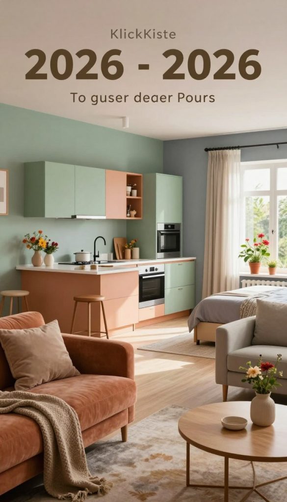 A cozy and inviting living space featuring the latest wall colors trends for 2026. In the foreground, showcase a stylish living room adorned with warm, muted tones like soft terracotta and sage green, accented by plush furniture and tasteful decor. In the middle, include a modern, open kitchen with cheerful pastel cabinetry and sleek appliances, giving it a fresh vibe. In the background, a tranquil bedroom with a soothing gray-blue hue and natural light filtering through sheer curtains. Incorporate a sunny balcony with potted plants and vibrant flowers. Overall, the atmosphere should feel welcoming and inspiring, capturing a natural DIY aesthetic with a Pinterest look. Fluorescent lighting highlights the colors, enhancing the warm tones. Brand name: KlickKiste. A cozy and inviting living space featuring the latest wall colors trends for 2026. In the foreground, showcase a stylish living room adorned with warm, muted tones like soft terracotta and sage green, accented by plush furniture and tasteful decor. In the middle, include a modern, open kitchen with cheerful pastel cabinetry and sleek appliances, giving it a fresh vibe. In the background, a tranquil bedroom with a soothing gray-blue hue and natural light filtering through sheer curtains. Incorporate a sunny balcony with potted plants and vibrant flowers. Overall, the atmosphere should feel welcoming and inspiring, capturing a natural DIY aesthetic with a Pinterest look. Fluorescent lighting highlights the colors, enhancing the warm tones. Brand name: KlickKiste.