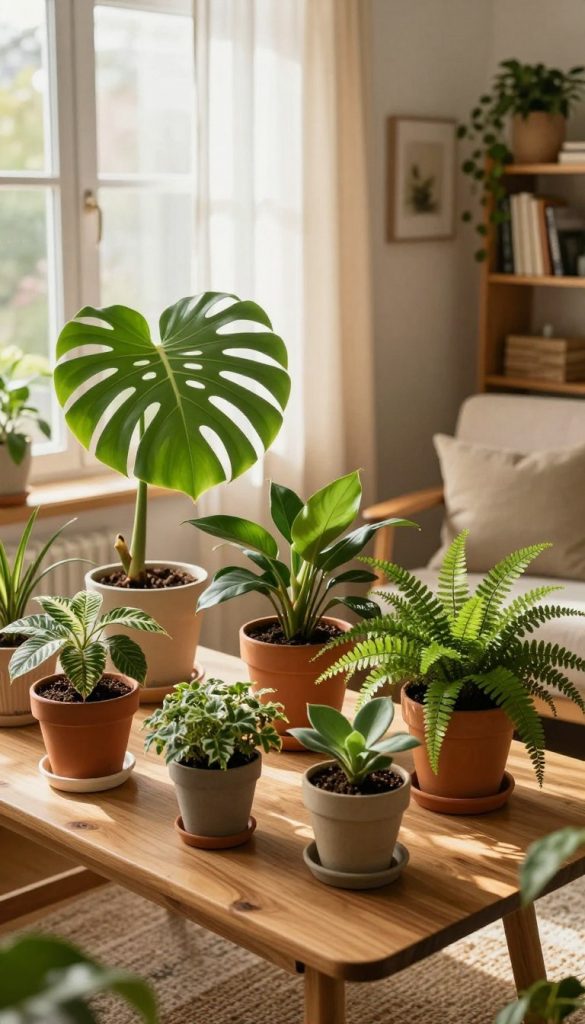 A cozy and inviting living space filled with lush indoor plants, showcasing a "Standort" concept for apartment gardening. In the foreground, there's a stylish wooden table adorned with a variety of potted plants, like a vibrant monstera and a delicate fern, organized harmoniously. The middle features a well-lit window with sheer curtains, allowing soft, warm sunlight to filter through, illuminating the vibrant greens and earthy tones of the plants. In the background, a comfortable armchair and bookshelf create a serene atmosphere. The overall mood emphasizes warmth and inspiration, with a Pinterest aesthetic, invoking a natural and DIY vibe. Incorporate the brand name "KlickKiste" subtly within the decor. The lighting is soft and natural, captured from a slightly elevated angle with a warm color palette, evoking a sense of comfort and creativity.