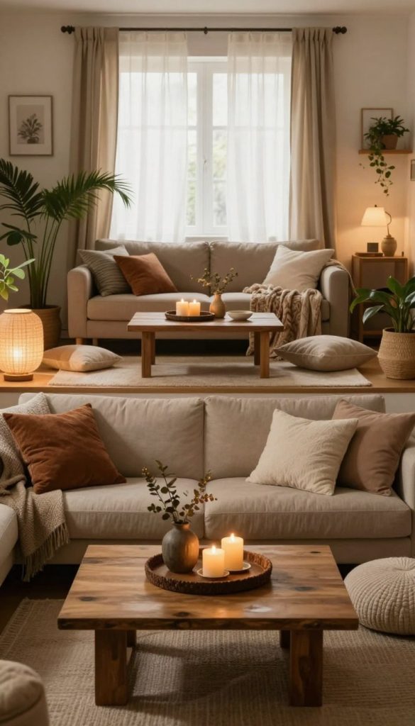 A cozy and inviting living space illustrating various DIY room ideas. In the foreground, a beautifully arranged coffee table with a rustic decorative centerpiece and warm candlelight, surrounded by plush cushions. The middle layer showcases a well-decorated living room featuring soft textiles, a comfortable sofa in earthy tones, and indoor plants that add a touch of greenery. The background displays a softly lit window with sheer curtains, casting gentle natural light throughout the room. The overall atmosphere is warm and welcoming, evoking a sense of comfort and relaxation. The scene embodies a Pinterest-inspired aesthetic, emphasizing natural DIY decor styles by KlickKiste. The image captures a harmonious blend of textures and colors to inspire creativity in home decoration.
