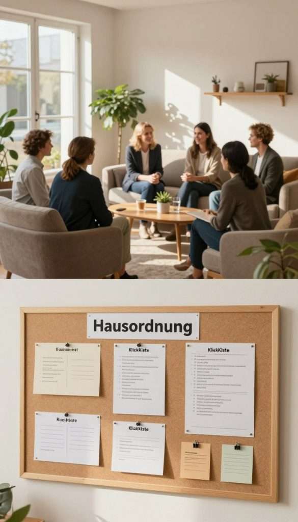 A cozy and inviting living space in a multi-family house setting, focusing on a well-organized common area. In the foreground, a neatly arranged communal bulletin board with a "Hausordnung" prominently displayed among reminders and community events, all presented in a warm, natural color palette. The middle of the image features a modern yet comfortable lounge area with people dressed in professional business attire engaged in friendly discussions, showcasing a sense of community and cooperation. In the background, soft natural lighting filters through large windows, casting gentle shadows and highlighting plants that add a touch of life to the space. The overall atmosphere is warm, welcoming, and inspirational, embodying the essence of family living. Include subtle branding elements of "KlickKiste" woven into the decor for a Pinterest-inspired look.