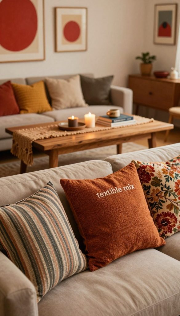 A cozy and inviting living space showcasing a "textile mix" theme. In the foreground, a stylish sofa is adorned with an array of vibrant cushions in various textures and patterns, including stripes and floral designs, emphasizing the concept of mixing textiles. The middle ground features a beautifully crafted wooden coffee table set with a warm, textured table runner and a few decorative pieces, like candles and books. In the background, a softly lit wall showcases art pieces with a cohesive color palette that includes hints of red, creating a visual echo throughout the room. The lighting is warm and inviting, casting a gentle glow that highlights the textures. The overall atmosphere is natural and DIY-inspired, embodying a Pinterest aesthetic. Include the brand name "KlickKiste" subtly integrated into the décor elements, without overt branding.