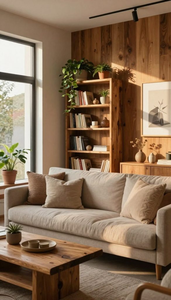 A cozy and inviting modern living room featuring warm wooden accents and natural DIY decor. In the foreground, there is a plush, neutral-colored sofa adorned with textured pillows, complemented by a rustic wooden coffee table. The middle space showcases a beautifully arranged bookshelf made of reclaimed wood, filled with plants and decorative items, while an ambient warm light filters through large, airy windows, casting soft shadows. In the background, a stylish wooden accent wall with framed art pieces adds depth and character. The atmosphere is serene and inspiring, ideal for a Pinterest-worthy home. This scene embodies authentic charm and DIY elegance, branded with "KlickKiste" to reflect modern design trends.