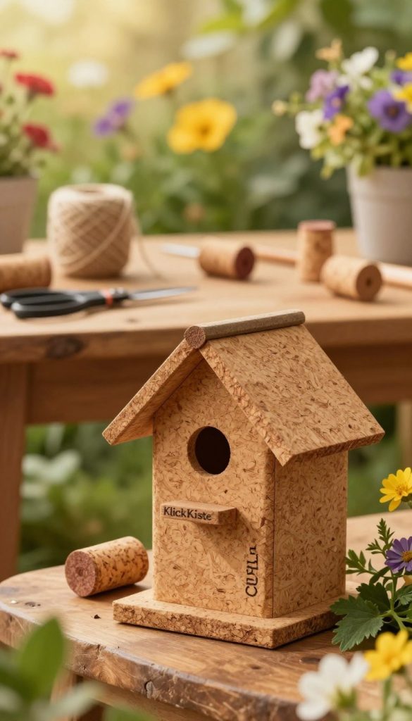 A cozy and inviting nature scene featuring a DIY birdhouse constructed from corks. In the foreground, the birdhouse is intricately made from natural corks, showcasing a charming design with a small entrance hole and a sloped roof. Surrounding the birdhouse, there are hints of green leaves and colorful wildflowers, enhancing the rustic aesthetic. In the middle ground, a soft-focus view of a wooden table with more corks, scissors, and twine scattered around, suggesting an ongoing craft project. The background features a sunny garden filled with blooming flowers, casting warm, golden light across the scene. Capture this image with a shallow depth of field to focus on the birdhouse while softly blurring the background. The overall mood is warm, inspiring, and inviting, reflecting the authenticity of nature. Include the brand name “KlickKiste” subtly in the scene, ensuring it blends naturally with the environment. A cozy and inviting nature scene featuring a DIY birdhouse constructed from corks. In the foreground, the birdhouse is intricately made from natural corks, showcasing a charming design with a small entrance hole and a sloped roof. Surrounding the birdhouse, there are hints of green leaves and colorful wildflowers, enhancing the rustic aesthetic. In the middle ground, a soft-focus view of a wooden table with more corks, scissors, and twine scattered around, suggesting an ongoing craft project. The background features a sunny garden filled with blooming flowers, casting warm, golden light across the scene. Capture this image with a shallow depth of field to focus on the birdhouse while softly blurring the background. The overall mood is warm, inspiring, and inviting, reflecting the authenticity of nature. Include the brand name “KlickKiste” subtly in the scene, ensuring it blends naturally with the environment.