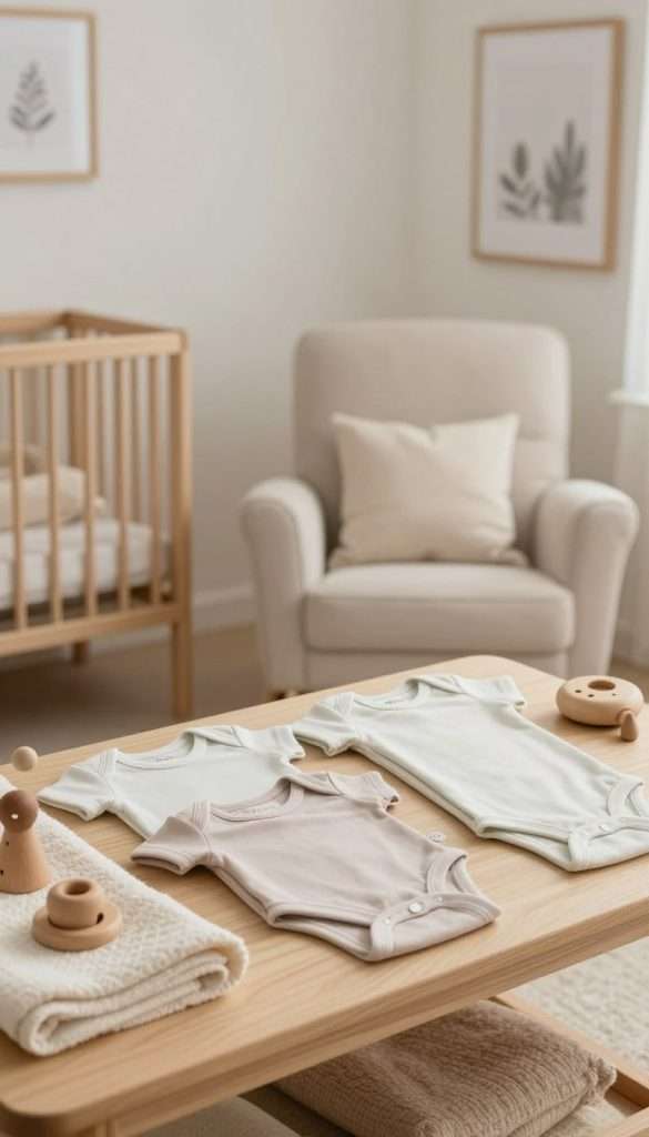 A cozy and inviting nursery scene featuring a neatly organized selection of soft, minimalist baby clothing from the brand "KlickKiste." In the foreground, a wooden changing table displays a few folded onesies with gentle pastel colors and natural textures, surrounded by small, thoughtfully arranged accessories like wooden toys and a soft blanket. The middle ground shows a plush rocking chair with a simple throw pillow, adding warmth to the space. In the background, the walls are painted in soothing, neutral tones adorned with subtle decor elements such as framed prints of nature. The soft, natural lighting creates a calm and serene atmosphere, evoking a sense of simplicity and intentionality, perfect for promoting a minimalist lifestyle for parents.
