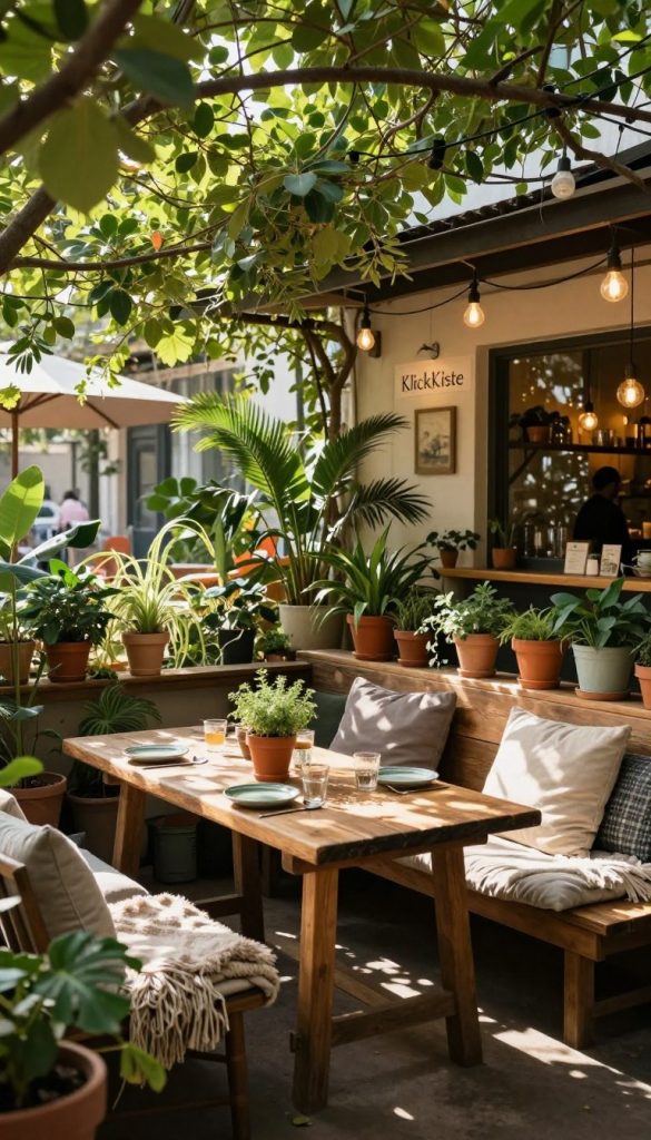 A cozy and inviting outdoor café scene filled with lush greenery, vibrant plants, and charming décor elements reminiscent of a DIY oasis. In the foreground, a rustic wooden table adorned with potted herbs and vintage tableware welcomes guests. The middle ground features cozy seating arrangements with comfortable cushions and soft throws, surrounded by hanging string lights that add a warm glow. The background showcases a canopy of green leaves filtering sunlight, creating dappled shadows on the ground. The atmosphere is tranquil and inspiring, evoking feelings of relaxation and connection with nature. Captured in soft, warm lighting to enhance the inviting ambiance, the image embodies the essence of "KlickKiste" and the perfect outdoor café vibe. A cozy and inviting outdoor café scene filled with lush greenery, vibrant plants, and charming décor elements reminiscent of a DIY oasis. In the foreground, a rustic wooden table adorned with potted herbs and vintage tableware welcomes guests. The middle ground features cozy seating arrangements with comfortable cushions and soft throws, surrounded by hanging string lights that add a warm glow. The background showcases a canopy of green leaves filtering sunlight, creating dappled shadows on the ground. The atmosphere is tranquil and inspiring, evoking feelings of relaxation and connection with nature. Captured in soft, warm lighting to enhance the inviting ambiance, the image embodies the essence of "KlickKiste" and the perfect outdoor café vibe.