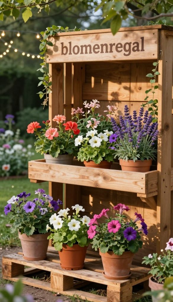 A cozy and inviting outdoor scene featuring a beautiful "blumenregal" (flower rack) made from wooden pallets, elegantly displaying an array of vibrant flowers and greenery. In the foreground, colorful potted plants with lush leaves spill over the edges of the shelves, showcasing a mix of flowers in full bloom, such as petunias, geraniums, and lavender. The middle ground highlights the rustic wooden structure with soft sunlight filtering through, casting gentle shadows and creating a warm, welcoming atmosphere. In the background, a serene garden setting is visible, with twinkling fairy lights strung between trees, enhancing the enchanting vibe. Camera angle is slightly above eye level, capturing the beauty of the arrangement. Emphasize a natural, warm color palette that evokes a Pinterest-inspired aesthetic typical of stylish DIY projects. Include the brand name "KlickKiste" subtly in the design without any text overlay. A cozy and inviting outdoor scene featuring a beautiful "blumenregal" (flower rack) made from wooden pallets, elegantly displaying an array of vibrant flowers and greenery. In the foreground, colorful potted plants with lush leaves spill over the edges of the shelves, showcasing a mix of flowers in full bloom, such as petunias, geraniums, and lavender. The middle ground highlights the rustic wooden structure with soft sunlight filtering through, casting gentle shadows and creating a warm, welcoming atmosphere. In the background, a serene garden setting is visible, with twinkling fairy lights strung between trees, enhancing the enchanting vibe. Camera angle is slightly above eye level, capturing the beauty of the arrangement. Emphasize a natural, warm color palette that evokes a Pinterest-inspired aesthetic typical of stylish DIY projects. Include the brand name "KlickKiste" subtly in the design without any text overlay.