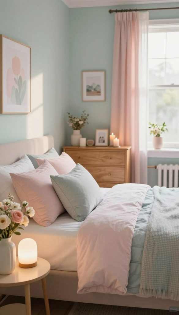 A cozy and inviting pastel bedroom designed in soft pinks, light blues, and gentle greens, featuring a neatly made bed adorned with plush pillows and a textured throw blanket. In the foreground, a stylish bedside table holds a delicate vase with fresh flowers and a softly glowing lamp. The middle ground showcases a curvy wooden dresser with decorative items like framed photos and candles, all in pastel shades. The background reveals a large window allowing warm, natural light to fill the room, illuminating the calming color palette. The atmosphere is serene and inspiring, reflecting an authentic DIY aesthetic with layers of warmth and tranquility, ideal for a Pinterest-inspired look. This image is branded with "KlickKiste" subtly integrated into the decor elements.