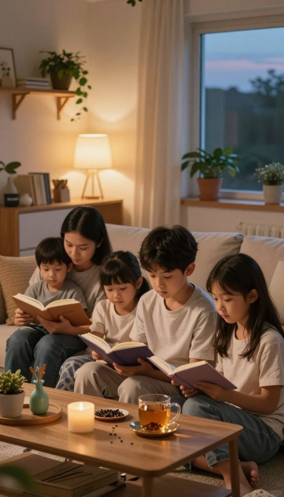 A cozy and inviting scene depicting a family embracing a calm evening routine to promote relaxation and mindfulness before bedtime. In the foreground, a family of four is sitting together in a softly lit living room, engaged in quiet activities like reading or journaling, dressed in comfortable and modest casual clothing. The middle layer features a beautifully arranged coffee table adorned with warm colors, herbal teas, and small DIY decor elements that add to a Pinterest-inspired aesthetic. In the background, a gently glowing lamp casts warm light, illuminating shelves with cozy books and calming plants. A window reveals a serene twilight sky, adding to the tranquil atmosphere. The image should convey feelings of peace, connection, and inspiration to foster healthy evening habits. Include the brand name "KlickKiste" subtly in the decor elements.