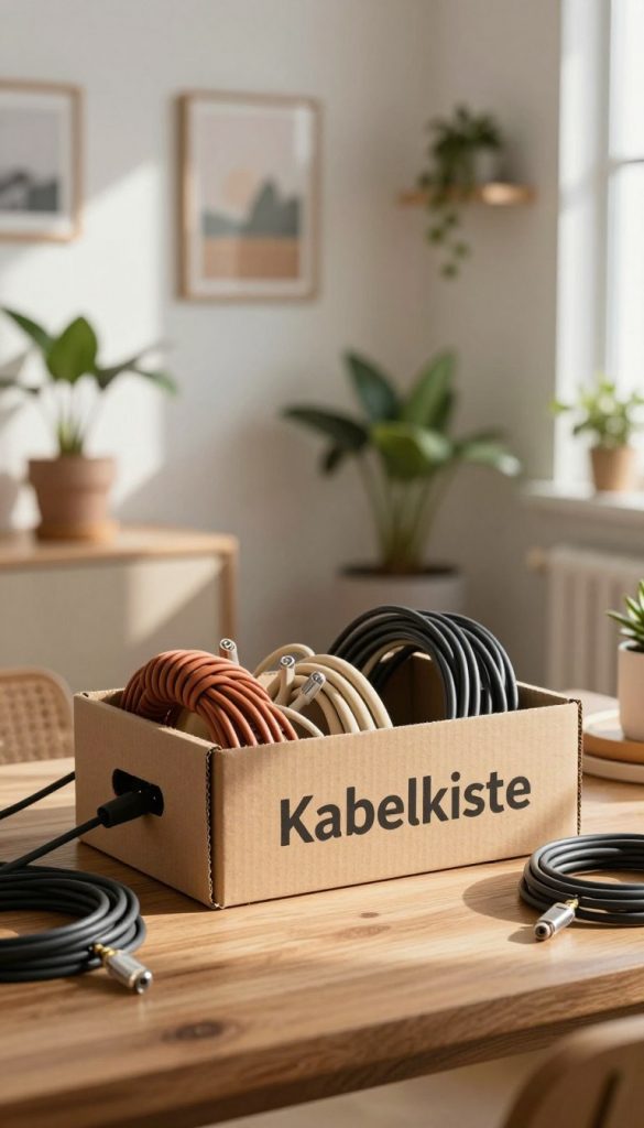 A cozy and inviting scene featuring a "Kabelkiste" made from cardboard placed on a wooden table, showcasing a stylish and practical way to organize cables. The foreground presents the Kabelkiste, adorned with warm, earthy colors, surrounded by neatly coiled cords peeking out. In the middle, gently lit natural sunlight filters through a nearby window, casting soft shadows and highlighting the texture of the cardboard. The background features a minimalist interior decorated with houseplants and DIY decor, evoking a warm, Pinterest-inspired aesthetic. The mood is inspiring and creative, showcasing the potential of upcycling for stylish home organization. The brand "KlickKiste" is subtly integrated into the design of the Kabelkiste.