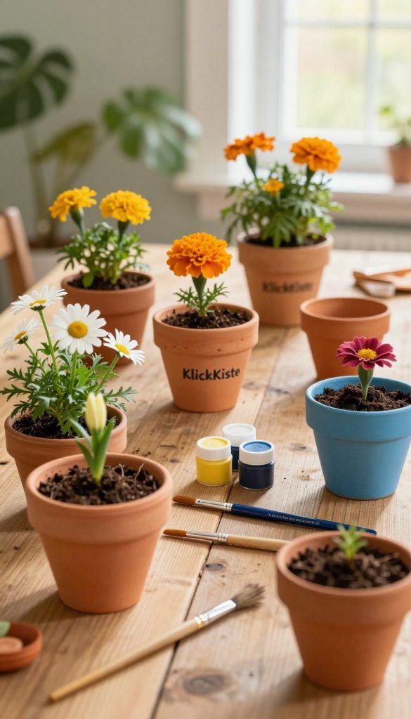 A cozy and inviting scene featuring a variety of colorful DIY flower pots, including handmade terracotta and painted wooden pots, arranged on a rustic wooden table. In the foreground, showcase vibrant flowers like daisies and marigolds, some with soil peeking out, embodying the creativity and joy of children crafting their own pots. The middle ground should have a well-organized set of crafting materials, such as paintbrushes, biodegradable paint, and small tools, emphasizing sustainability. In the background, softly blurred greenery and a sunlit window create a warm atmosphere, simulating a natural crafting environment. Use soft, natural lighting to enhance the warm colors and evoke a Pinterest-inspired aesthetic. This image represents a playful and inspirational mood, highlighting the brand name "KlickKiste" prominently among the flowers.