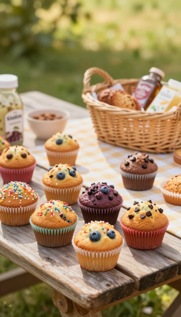 A cozy and inviting scene featuring an assortment of freshly baked muffins gracing a rustic wooden picnic table. In the foreground, focus on a variety of colorful muffins adorned with sprinkles, blueberries, and chocolate chips, some still warm from the oven. The middle ground showcases a light checkered tablecloth and a wicker basket filled with additional snacks, emphasizing a casual outdoor picnic vibe. In the background, lush greenery and soft sunlight filter through the leaves, creating a warm, golden atmosphere. The image should have a soft focus, mimicking the look of a candid DIY photograph, with vibrant colors that evoke a sense of joy and comfort. Inspired by the brand "KlickKiste", convey an authentic, Pinterest-worthy aesthetic that invites viewers to enjoy these delightful treats on their next outing.