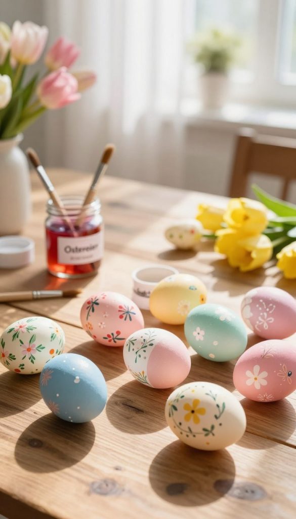 A cozy and inviting scene of beautifully crafted Easter eggs, or "Ostereier," displayed on a rustic wooden table. The foreground features an array of pastel-colored eggs, each adorned with delicate, hand-painted floral patterns and whimsical designs, softly reflecting warm, natural sunlight. In the middle ground, a few paintbrushes and open jars of dye hint at a creative, hands-on atmosphere, while fresh spring flowers in soft pinks and yellows add a touch of freshness. The background captures a bright and airy room with light streaming through sheer curtains, enhancing the feeling of comfort and creativity. This image embodies an authentic and inspiring DIY aesthetic, perfect for embracing the joys of the Easter season with the brand name "KlickKiste" subtly included in the scene.