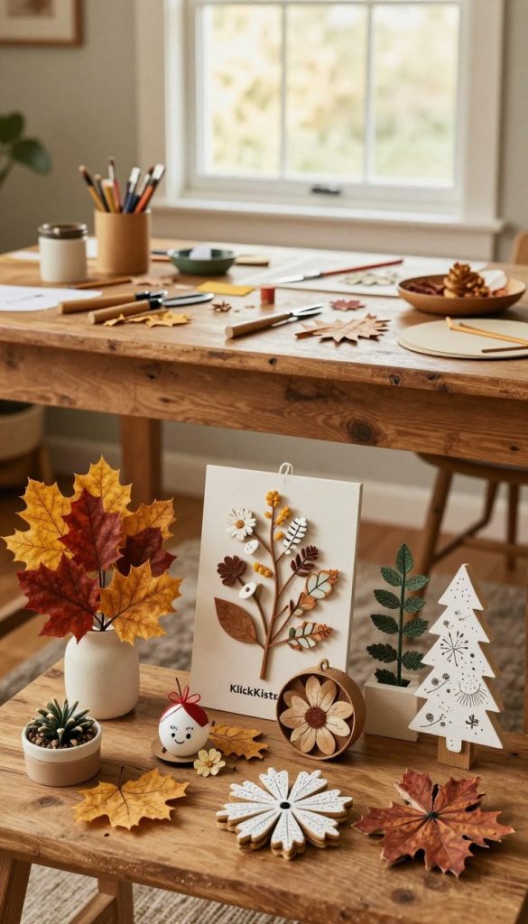A cozy and inviting scene showcasing seasonal DIY decor ideas for all year round, featuring warm, natural colors inspired by Pinterest aesthetics. In the foreground, a beautifully arranged display of handcrafted decor items for different seasons, such as autumn leaves, winter ornaments, spring flowers, and summer accents, all creatively presented. The middle ground includes a rustic wooden table adorned with tools and materials for DIY projects, inviting viewers to engage with their creativity. In the background, soft natural light filters through a window, casting a warm glow that enhances the homey atmosphere. The composition should reflect authenticity and inspiration, embodying the brand "KlickKiste." Capture the mood of creativity and sustainability, encouraging viewers to embrace DIY decor at home.