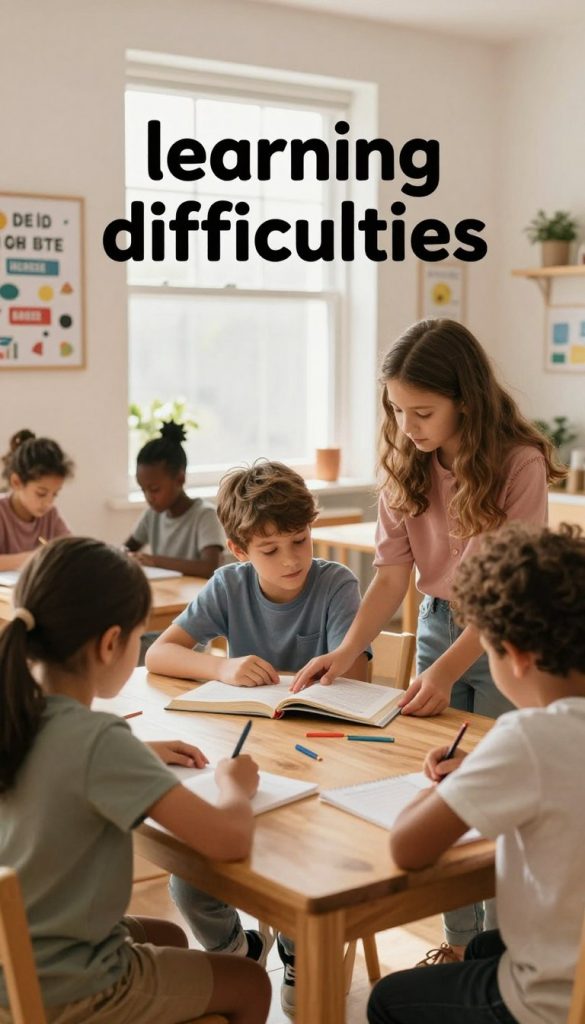 A cozy and inviting study space illustrating the concept of "learning difficulties." In the foreground, a diverse group of children, wearing modest casual clothing, are engaged in collaborative learning activities at a wooden table, showcasing their strengths and weaknesses. The focus is on a boy struggling with a book, while a girl helps him, highlighting teamwork and support. In the background, a bright window allows warm, natural light to flood the room, creating a soft glow that enhances the atmosphere. Inspirational decor like motivational posters and educational materials can be seen on the walls, reflecting the theme of overcoming challenges in learning. The overall mood is uplifting and encouraging, embodying a Pinterest-inspired aesthetic. Include elements that suggest creativity and innovation, as if designed by "KlickKiste." A cozy and inviting study space illustrating the concept of "learning difficulties." In the foreground, a diverse group of children, wearing modest casual clothing, are engaged in collaborative learning activities at a wooden table, showcasing their strengths and weaknesses. The focus is on a boy struggling with a book, while a girl helps him, highlighting teamwork and support. In the background, a bright window allows warm, natural light to flood the room, creating a soft glow that enhances the atmosphere. Inspirational decor like motivational posters and educational materials can be seen on the walls, reflecting the theme of overcoming challenges in learning. The overall mood is uplifting and encouraging, embodying a Pinterest-inspired aesthetic. Include elements that suggest creativity and innovation, as if designed by "KlickKiste."