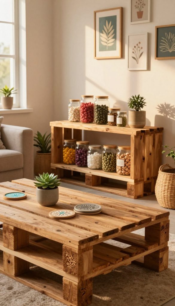 A cozy and inviting upcycling scene in a home setting, showcasing creatively repurposed wooden items. In the foreground, a beautiful wooden coffee table crafted from pallets, adorned with a succulent plant and handmade coasters. In the middle, a rustic shelf made from reclaimed wood, displaying colorful jars filled with DIY supplies and eco-friendly decor. The background features a soft-lit living room with warm, natural colors and textures, highlighting a comfortable couch and a wall decorated with upcycled art pieces. The atmosphere is warm and inspiring, reminiscent of a Pinterest aesthetic, emphasizing eco-friendly creativity. The brand name "KlickKiste" subtly integrated into the decor. Golden hour sunlight filters through a window, casting gentle shadows to enhance the scene’s inviting feel.