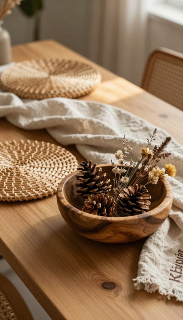 A cozy and inviting wooden tabletop showcasing a variety of sustainable decoration materials, including textured rattan and soft linen, thoughtfully arranged. In the foreground, a beautifully crafted wooden bowl made from reclaimed wood and filled with natural elements like pine cones and dried flowers. The middle ground features elegantly draped linen fabric in warm, organic tones, with hints of sunlight filtering through, creating a serene and inspiring atmosphere. The background is softly blurred, suggesting a home interior with greenery peeking in from the sides. Emphasize warm colors and natural textures to evoke a feeling of authenticity and creativity, inspired by the brand "KlickKiste". Use soft, natural lighting, mimicking a late afternoon setting, and a slightly tilted angle for an engaging perspective.