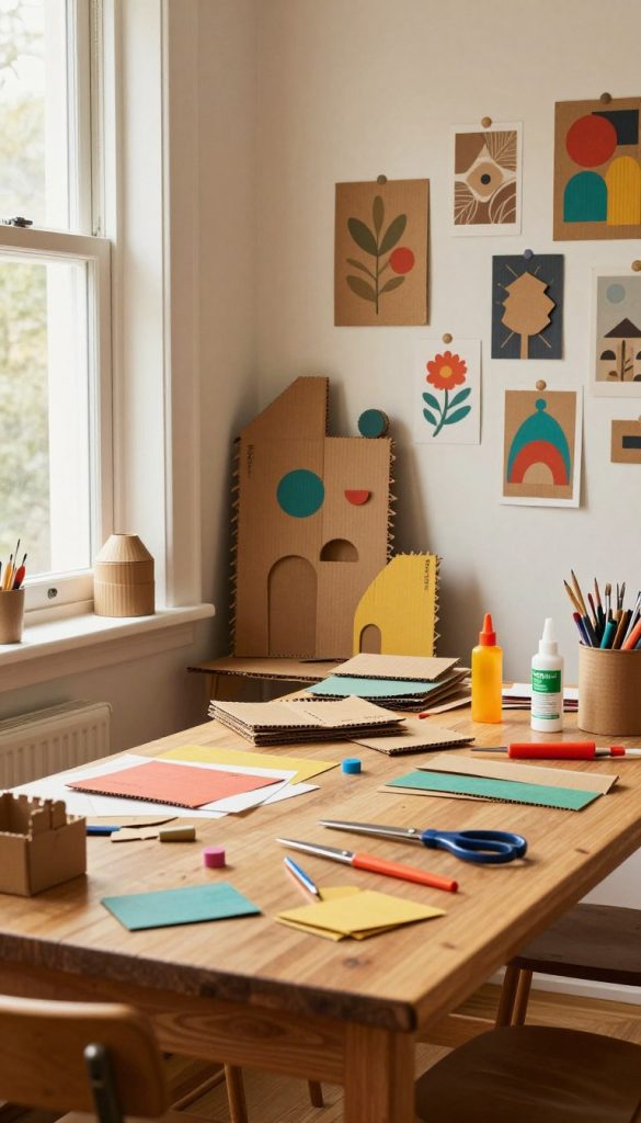 A cozy and inviting workspace for crafting, showcasing an array of upcycling materials like colorful cardboard, scissors, glue, and vibrant decorations. In the foreground, a wooden table cluttered with art supplies, with warm, natural light pouring in from a nearby window. The middle layer features a partially constructed cardboard decoration, highlighting creative shapes and textures. In the background, a charming wall adorned with finished cardboard crafts, showcasing a Pinterest-inspired aesthetic. The overall atmosphere is warm and inspiring, evoking a sense of creativity and potential. Include a subtle hint of the brand "KlickKiste" integrated within the scene, perhaps on a crafting tool or container. The lighting should be soft, emphasizing the inviting mood perfect for DIY projects.