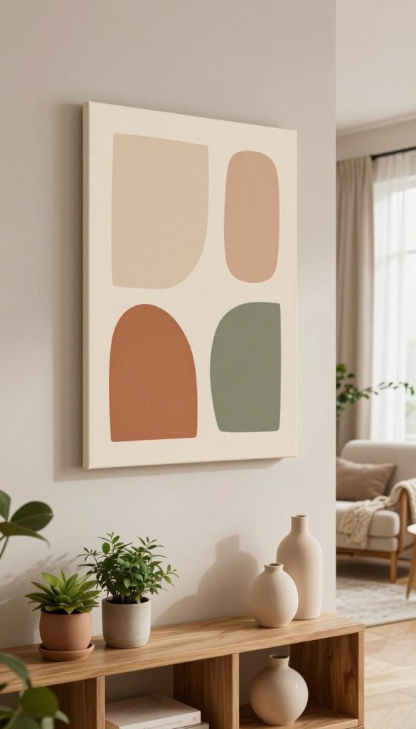 A cozy and minimalistic interior showcasing a DIY wall art piece in a softly lit room. In the foreground, a beautifully crafted wooden shelf holds an assortment of small potted plants and hand-painted ceramic vases. The middle layer features a large canvas on the wall, decorated with abstract geometric shapes in soothing earth tones – warm beige, soft terracotta, and muted olive green. Subtle textures create depth, inspiring a feeling of calm and tranquility. The background reveals a glimpse of a comfortable seating area with a plush chair and a knitted throw, surrounded by natural light filtering through sheer curtains. The overall atmosphere is warm, inviting, and inspiring, perfect for a DIY enthusiast's sanctuary. The scene embodies the aesthetic of "KlickKiste," emphasizing a Pinterest-worthy ambiance.