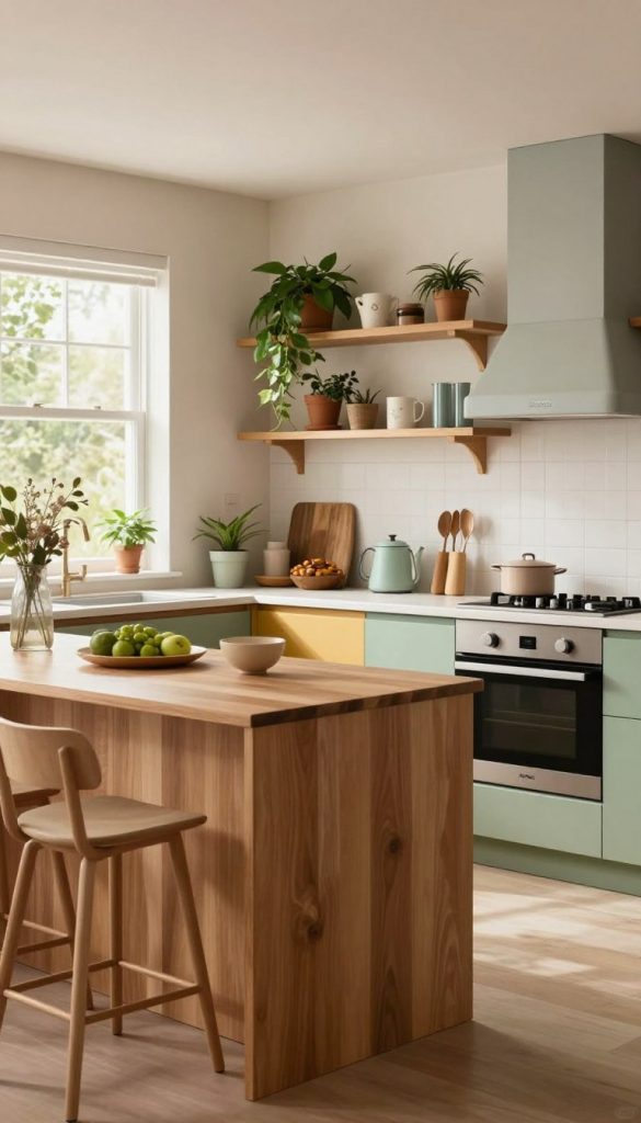 A cozy and modern kitchen space showcasing various design styles for 2026, reflecting the latest trends in home decor. In the foreground, a stylish kitchen island with warm wooden accents and minimalist bar stools invites interaction. The middle ground features a vibrant mix of contemporary cabinet designs, open shelving adorned with green plants, and chic kitchen appliances in soft pastels. In the background, large windows allow natural light to pour in, illuminating the inviting atmosphere. The color palette blends warm tones and earthy textures for an authentic DIY vibe, perfect for inspiration. The scene evokes a sense of creativity and homeliness, emphasizing the brand "KlickKiste", with a soft focus that highlights the beauty of modern kitchen decor while ensuring a Pinterest-worthy aesthetic.