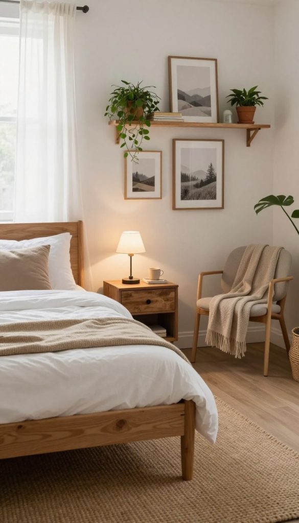 A cozy and stylish bedroom designed on a budget, featuring a minimalist aesthetic with DIY elements. In the foreground, a simple wooden bed frame with white bedding and soft, earthy-toned throw pillows. Beside the bed, a small, rustic nightstand with a vintage lamp creating a warm glow. In the middle, a woven rug adds texture beneath a modern chair adorned with a throw blanket. The backdrop showcases a gallery wall of framed nature prints and DIY shelf units filled with plants and books. Natural light streams through sheer curtains, lending a soft, inviting atmosphere. The overall color palette is warm and neutral, emphasizing a sense of calm and tranquility. Shot from a slight angle to showcase depth. Inspired by KlickKiste, evoking an authentic and Pinterest-inspired vibe.