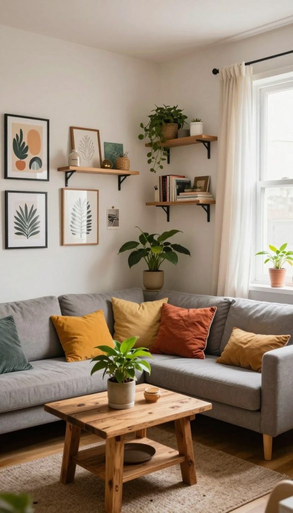 A cozy and stylish small apartment interior designed with budget-friendly DIY ideas. In the foreground, a compact living space features a cleverly arranged corner sofa adorned with colorful cushions, a handcrafted coffee table made from reclaimed wood, and a vibrant indoor plant for a touch of greenery. Midground shows a wall with inspiring art pieces and floating shelves displaying DIY crafts and books, utilizing vertical space to create an illusion of height. The background highlights a bright window with sheer curtains allowing natural light to flood the room, enhancing the warm colors throughout the space. Soft, ambient lighting creates a welcoming atmosphere, with a Pinterest-inspired aesthetic that feels both authentic and inspiring. The branding "KlickKiste" is subtly integrated into the decor.