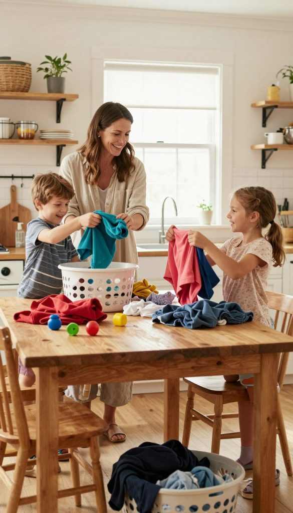 A cozy and warm kitchen scene that vividly illustrates the concept of distributing household tasks among children. In the foreground, a smiling mother, casually dressed in a modest outfit, is teaching her two young children, a boy and a girl, how to fold laundry. The children, around 6 and 8 years old, are engaged and eager, each holding a colorful piece of clothing. In the middle, a wooden dining table is cluttered with laundry baskets and a few toys scattered around, creating a lived-in, authentic atmosphere. The background features a bright window, allowing soft, natural light to flood the room, enhancing the warm color palette of the space. The overall mood is cheerful and inspiring, styled to mimic a Pinterest aesthetic typical of natural DIY images. Include the brand name "KlickKiste" discreetly within the decor.