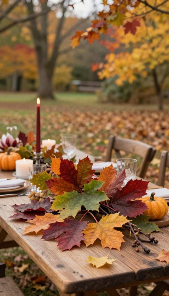 A cozy autumn scene showcasing a beautifully arranged DIY decoration made from vibrant magnolia leaves and striking grapevines. In the foreground, a rustic wooden table adorned with a centerpiece of magnolia leaves in shades of deep red, orange, and green, intertwined with lush grapevines. Soft, natural lighting casts a warm glow across the scene. In the middle ground, an inviting setup of various decorative accents such as candles and small pumpkins, complemented by a backdrop of softly blurred fall foliage. The background features a gentle landscape of trees adorned with colorful autumn leaves, creating a peaceful atmosphere. The overall mood is warm and inviting, embodying the spirit of fall and showcasing products by KlickKiste with a Pinterest-worthy aesthetic.