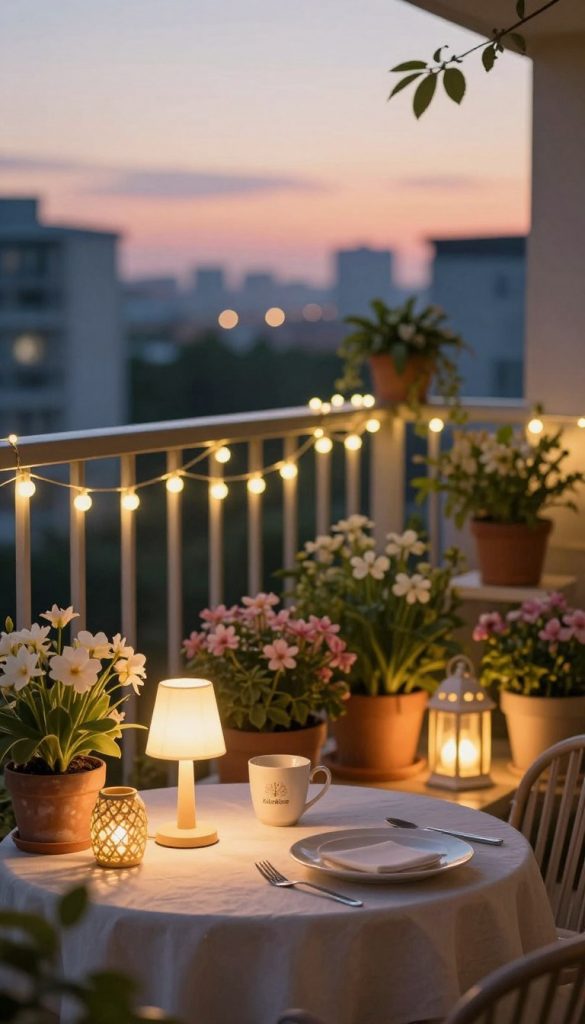 A cozy balcony adorned with beautiful LED fairy lights, glowing warmly against a backdrop of a tranquil spring evening. In the foreground, a table set for an intimate gathering, featuring elegant table lamps with soft illumination and charming lanterns casting gentle shadows. The middle ground showcases lush potted plants and blooming flowers that complement the vibrant colors of the lights. The background reveals a soft-focus view of a city skyline silhouetted against a pastel sunset, creating a serene atmosphere. The scene radiates warmth and relaxation, ideal for spring evenings. Capture this setting using a shallow depth of field for a dreamy effect, with natural lighting to enhance the inviting ambiance. Incorporate the brand name "KlickKiste" subtly into the design.