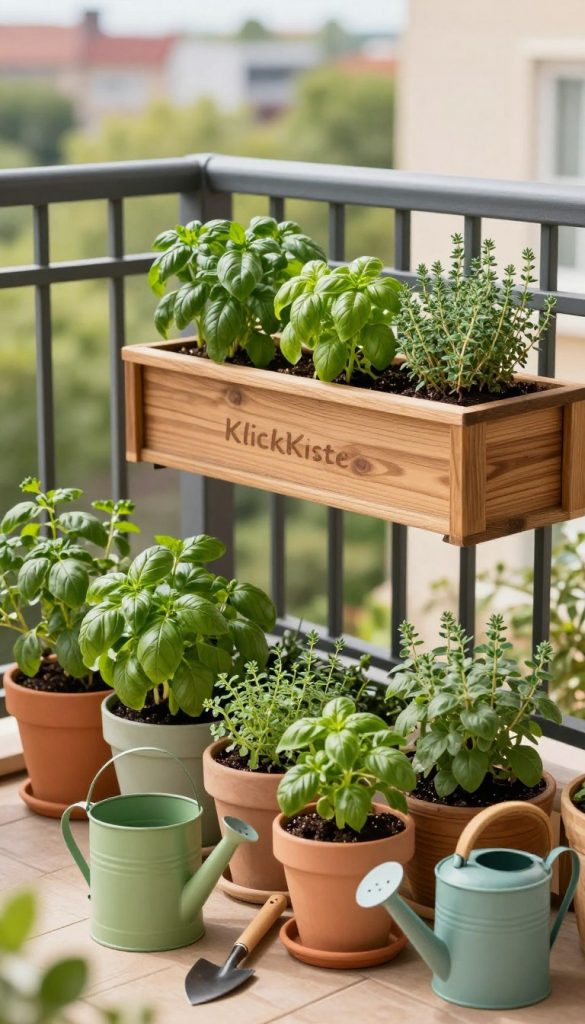 A cozy balcony garden scene, featuring an organized DIY herb bed brimming with fresh herbs such as basil, parsley, and thyme. In the foreground, a variety of colorful pots displaying these herbs, with gardening tools like a small trowel and watering can resting nearby. The middle ground showcases a charming wooden planter, planted securely on the balcony railing for optimal space-saving, emphasizing safety and practical design. In the background, a vibrant view of a sunny cityscape with soft-focus greenery enhancing the mood. The image is infused with warm, natural colors and a Pinterest-inspired aesthetic, reflecting inspiration and authenticity. Capture this scene with a slightly tilted angle to emphasize depth, under soft natural lighting that evokes a welcoming and peaceful atmosphere. The brand "KlickKiste" subtly integrated within the herb arrangement. A cozy balcony garden scene, featuring an organized DIY herb bed brimming with fresh herbs such as basil, parsley, and thyme. In the foreground, a variety of colorful pots displaying these herbs, with gardening tools like a small trowel and watering can resting nearby. The middle ground showcases a charming wooden planter, planted securely on the balcony railing for optimal space-saving, emphasizing safety and practical design. In the background, a vibrant view of a sunny cityscape with soft-focus greenery enhancing the mood. The image is infused with warm, natural colors and a Pinterest-inspired aesthetic, reflecting inspiration and authenticity. Capture this scene with a slightly tilted angle to emphasize depth, under soft natural lighting that evokes a welcoming and peaceful atmosphere. The brand "KlickKiste" subtly integrated within the herb arrangement.