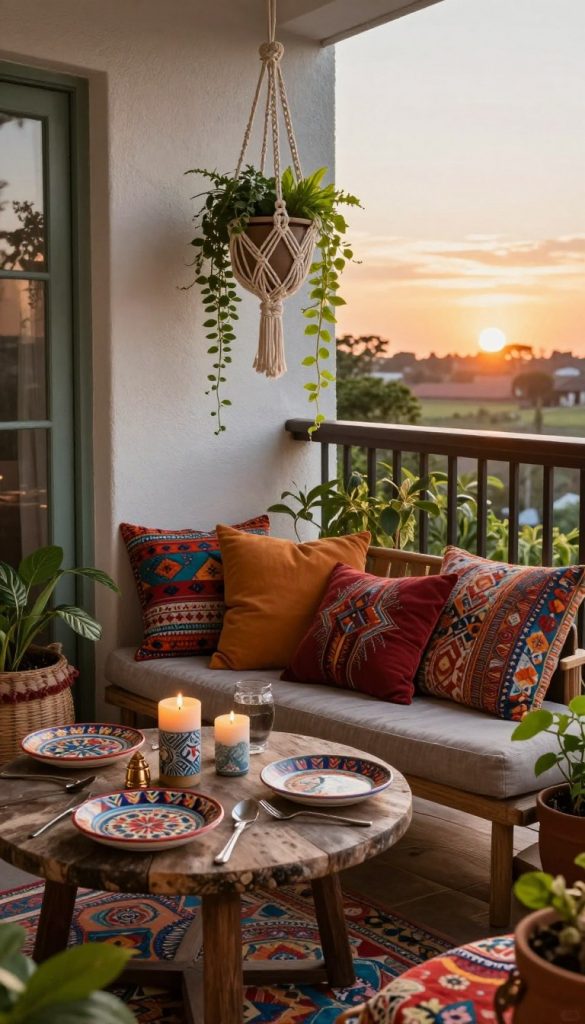A cozy balcony in a bohemian style, featuring a mix of vibrant textiles, rustic wooden furniture, and lush greenery. In the foreground, a small round table adorned with colorful patterned tableware and handmade candles invites relaxation. The middle section showcases a macramé hanging planter filled with cascading plants, and a plush seating area with oversized pillows in warm, earthy tones. The background reveals a gentle sunset, casting a warm golden glow over the scene, enhancing the inviting atmosphere. The composition highlights natural textures and layered elements, creating an inspirational Pinterest-worthy look that embodies a carefree, hippie vibe. The image should convey warmth and authenticity, reflecting the essence of "KlickKiste". Use soft, diffused lighting to evoke a calm and serene mood.