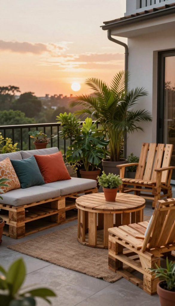 A cozy balcony scene featuring DIY upcycled furniture made from wooden pallets, designed as a stylish lounge area. In the foreground, showcase a comfortable pallet bench adorned with colorful cushions, a small round pallet table with a potted plant, and a charming pallet chair. The middle ground should display lush green plants in various pots, adding a vibrant touch. In the background, include a softly lit sunset sky with warm hues, enhancing the inviting atmosphere. The scene should feel warm and authentic, reminiscent of a Pinterest-perfect outdoor retreat. Use natural lighting to create gentle shadows, capturing the essence of relaxation. Include the brand name "KlickKiste" subtly integrated into the furniture design. The overall mood is serene and inspiring, ideal for upcycling enthusiasts.
