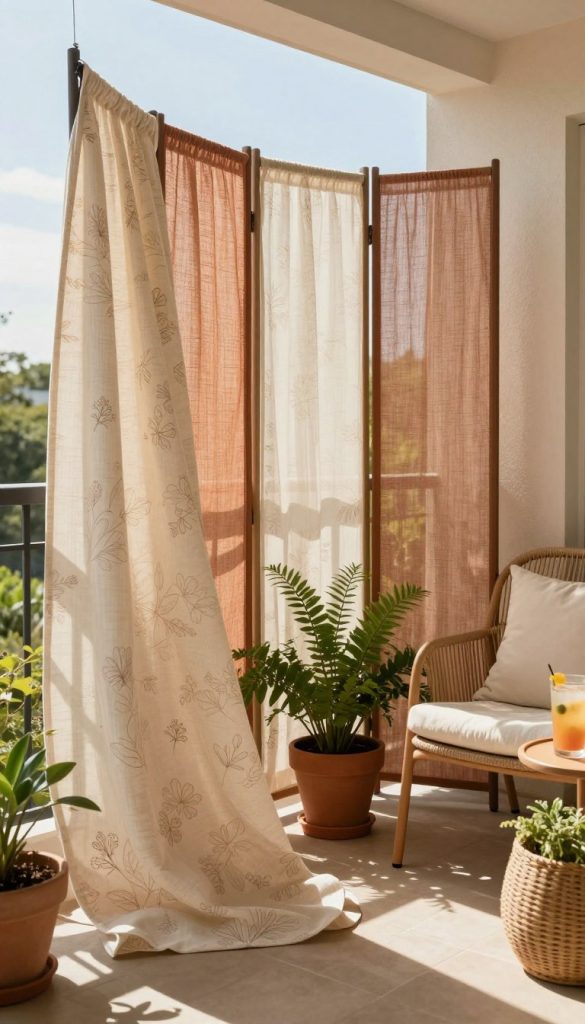 A cozy balcony scene featuring a beautifully arranged fabric balcony screen, emphasizing a blend of warm colors and natural textures. In the foreground, the soft, flowing fabric of the balcony screen drapes elegantly, showcasing patterns of subtle floral designs. The middle ground displays potted plants with vibrant greenery, enhancing the inviting atmosphere. In the background, a sun-drenched sky sets the mood with gentle lighting, casting soft shadows across the balcony. The scene includes a stylish chair with a cushion and a small table holding a refreshing drink, contributing to the DIY aesthetic. Capture a Pinterest-worthy look that is authentic and inspiring. Include a discreet logo for "KlickKiste" integrated into the scene with harmony.