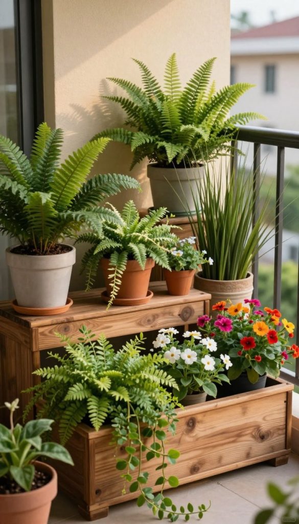 A cozy balcony scene featuring a natural privacy screen made of vibrant plants in various pots and containers. In the foreground, showcase cascading green vines and colorful flowering plants spilling over the edges of rustic wooden planters. The middle layer reveals larger potted plants, such as ferns and ornamental grasses, creating a lush backdrop. In the background, a soft, warm light bathes the scene, enhancing the inviting atmosphere. Capture this from a slightly elevated angle, emphasizing the arrangement of the plants. The mood is serene and inspiring, perfect for a DIY balcony setting. This image embodies the essence of creative and simple home decor ideas. Include a subtle watermark for "KlickKiste" in the corner.
