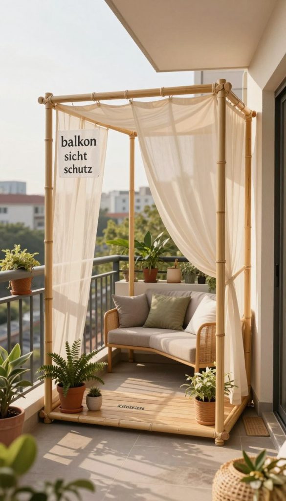 A cozy balcony scene featuring a stylish and practical "balkon sichtschutz" made from natural materials, such as bamboo and flowing fabric, creating a sense of privacy. In the foreground, the Sichtschutz stands elegantly, adorned with potted plants and small decorative items. The middle ground showcases a tastefully arranged balcony with comfortable seating, perfect for relaxation and enjoyment. The background provides a glimpse of a serene urban landscape bathed in warm, soft sunlight, encapsulating a Pinterest-inspired aesthetic. The overall mood is inviting and inspiring, inviting viewers to conceptualize their own DIY balcony project. The image should reflect authentic craftsmanship and creativity, with a subtle inclusion of the brand name "KlickKiste" incorporated into the scene, enhancing the professional and aesthetic appeal.