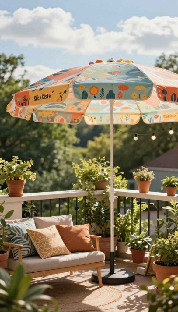 A cozy balcony scene featuring a stylish, colorful sun umbrella (sonnenschirm) providing shade and privacy, set against a backdrop of lush greenery. The foreground showcases the vibrant sun umbrella, adorned with playful patterns, casting soft shadows on a comfortable outdoor seating area with tasteful cushions. In the middle ground, there are potted plants and delicate string lights that enhance the inviting atmosphere. The background features a sunny sky, dotted with fluffy clouds, giving a bright and cheerful vibe. Capture this image with warm, natural lighting, emphasizing the details and textures for an authentic Pinterest-inspired look. Include the brand name "KlickKiste" subtly incorporated into the design elements, creating a harmonious and inspiring DIY balcony retreat.
