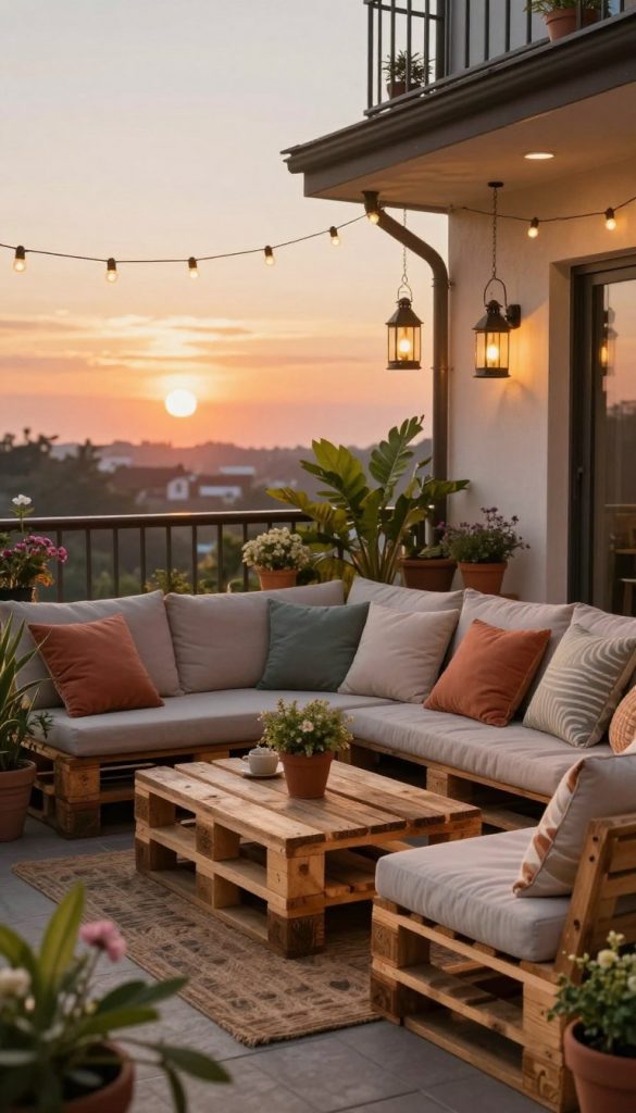 A cozy balcony scene featuring upcycled wooden pallet furniture arranged in a compact lounge setting. The foreground showcases a stylish wooden pallet sofa adorned with soft, colorful cushions and a rustic coffee table made from pallets, surrounded by potted plants and flowers. In the middle ground, there are hanging lanterns and fairy lights adding a warm glow to the setting, creating an inviting atmosphere. The background reveals a vibrant sunset sky casting soft golden light over the balcony area, enhancing the natural DIY aesthetic. The image should embody a warm, inspirational mood, reminiscent of a Pinterest-style decor. Ensure the brand name "KlickKiste" is subtly integrated into the decor. Use natural lighting, capturing the scene with a wide-angle lens for a spacious feel. A cozy balcony scene featuring upcycled wooden pallet furniture arranged in a compact lounge setting. The foreground showcases a stylish wooden pallet sofa adorned with soft, colorful cushions and a rustic coffee table made from pallets, surrounded by potted plants and flowers. In the middle ground, there are hanging lanterns and fairy lights adding a warm glow to the setting, creating an inviting atmosphere. The background reveals a vibrant sunset sky casting soft golden light over the balcony area, enhancing the natural DIY aesthetic. The image should embody a warm, inspirational mood, reminiscent of a Pinterest-style decor. Ensure the brand name "KlickKiste" is subtly integrated into the decor. Use natural lighting, capturing the scene with a wide-angle lens for a spacious feel.