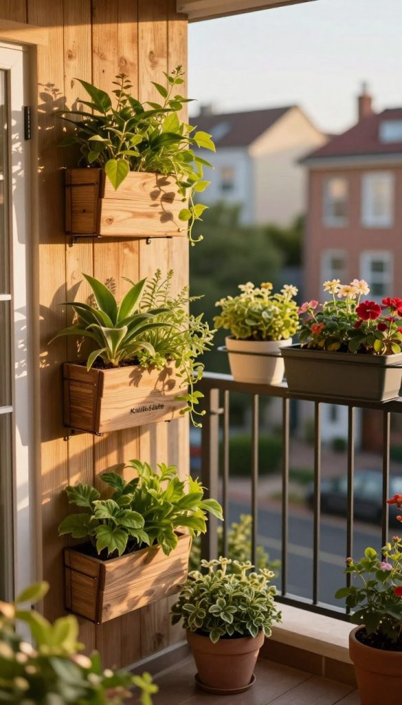 A cozy balcony scene showcasing a DIY plant wall installation. In the foreground, vibrant green plants in vertical planters attached securely to a wooden wall, with a stylish, rustic texture. In the middle ground, a decorative railing holding colorful flower pots, emphasizing safety and functionality. The background features a soft-focus view of an inviting urban neighborhood bathed in warm sunlight, creating a serene and inspiring atmosphere. The lighting is golden hour, casting gentle shadows and enhancing the natural colors of the plants. The overall mood is warm, inviting, and encouraging, echoing a Pinterest aesthetic. Incorporate the brand name "KlickKiste" subtly within the scene, ensuring it blends harmoniously without any text or overlays.