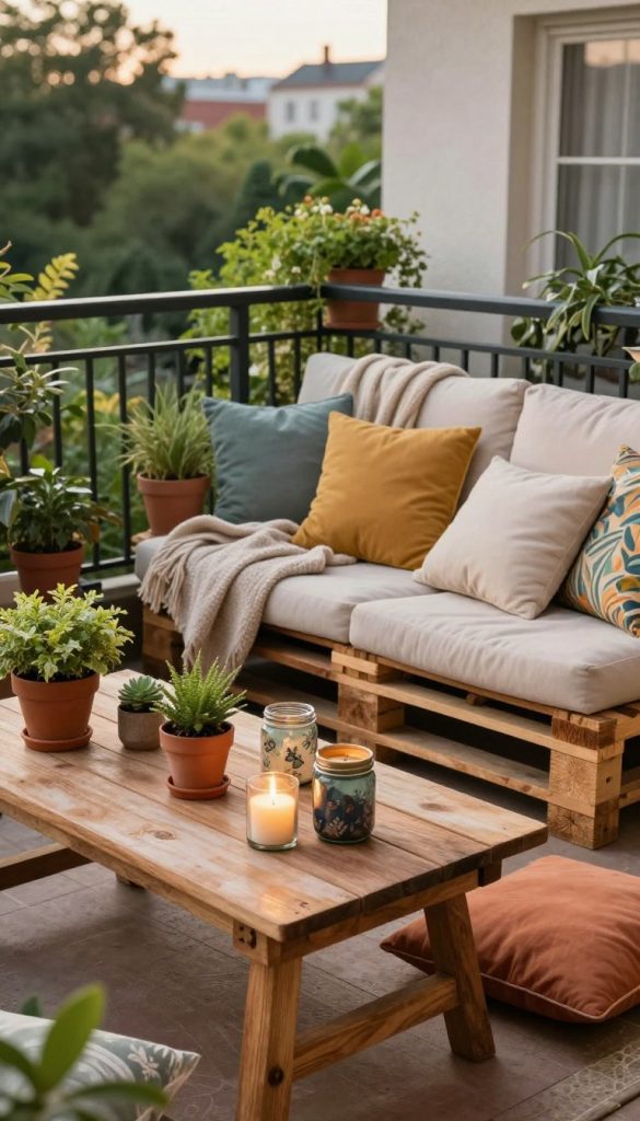 A cozy balcony scene showcasing creative DIY upcycling ideas, emphasizing a natural, warm color palette. In the foreground, a handcrafted wooden table adorned with vibrant potted plants, repurposed jars as candleholders, and colorful cushions invites relaxation. The middle features a charming wooden pallet repurposed as a seating area, decorated with soft blankets and cushions for comfort. In the background, a lush green garden can be seen, hinting at an urban oasis. The lighting is soft and warm, reminiscent of the golden hour, creating an inviting atmosphere. The space feels authentic and inspiring, embodying the essence of "KlickKiste" with a Pinterest-worthy aesthetic. The image evokes a sense of creativity and the joy of upcycling, perfect for outdoor living enthusiasts.
