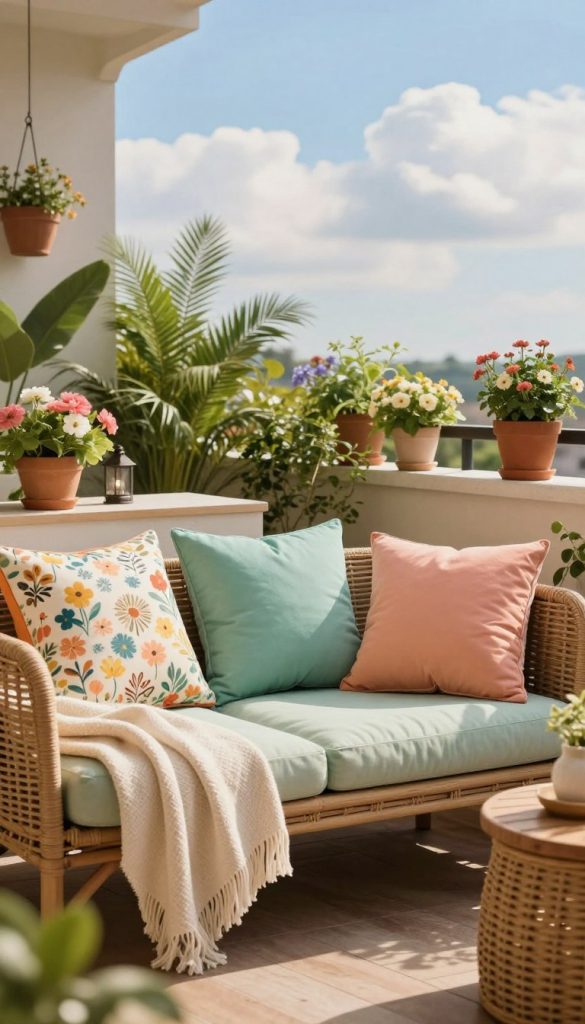 A cozy balcony setting adorned with vibrant cushion cover sets by KlickKiste, showcasing a blend of floral patterns and solid colors, creating a harmonious spring atmosphere. In the foreground, plush cushions arranged on a stylish outdoor seating area, featuring natural materials like wicker or wood. The middle ground reveals lush green plants and decorative elements like potted flowers, hanging lanterns, and a soft throw blanket for added warmth. In the background, a clear blue sky with soft, fluffy clouds filters warm sunlight onto the scene, enhancing the inviting vibe. The composition should evoke a sense of comfort and inspiration, perfect for outdoor relaxation. The focus should be sharp on the cushions, while the background gently blurs, creating depth. Natural colors dominate the scene with an overall Pinterest-inspired aesthetic.