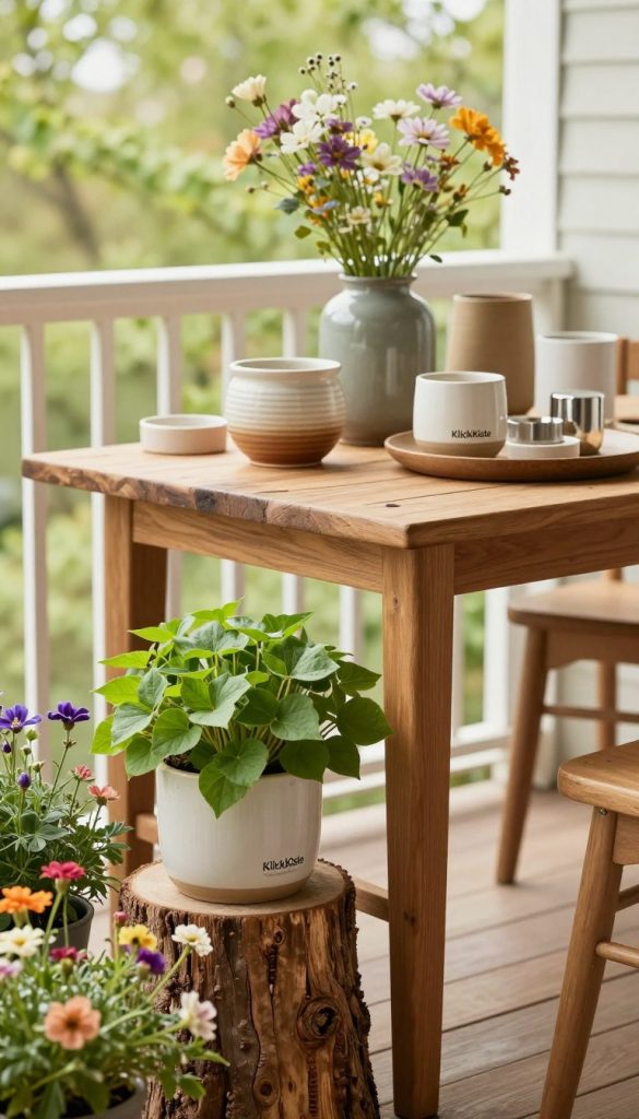 A cozy balcony setting in spring, showcasing a beautifully curated mix of materials: warm wooden furniture paired with elegant ceramic pots and sleek metallic accents. In the foreground, a vibrant potted tree stump adorned with fresh green leaves, surrounded by colorful blooming flowers. The mid-ground displays a stylish, rustic wooden table topped with carefully arranged decorative items, blending earthy tones and textures. In the background, soft natural light filters through delicate greenery, creating a serene atmosphere. Capture this scene from a slightly elevated angle with a warm color palette, exuding a Pinterest-inspired, inviting vibe. Emphasize the brand "KlickKiste" through the harmonious arrangement and thoughtful design elements, evoking inspiration for outdoor décor.