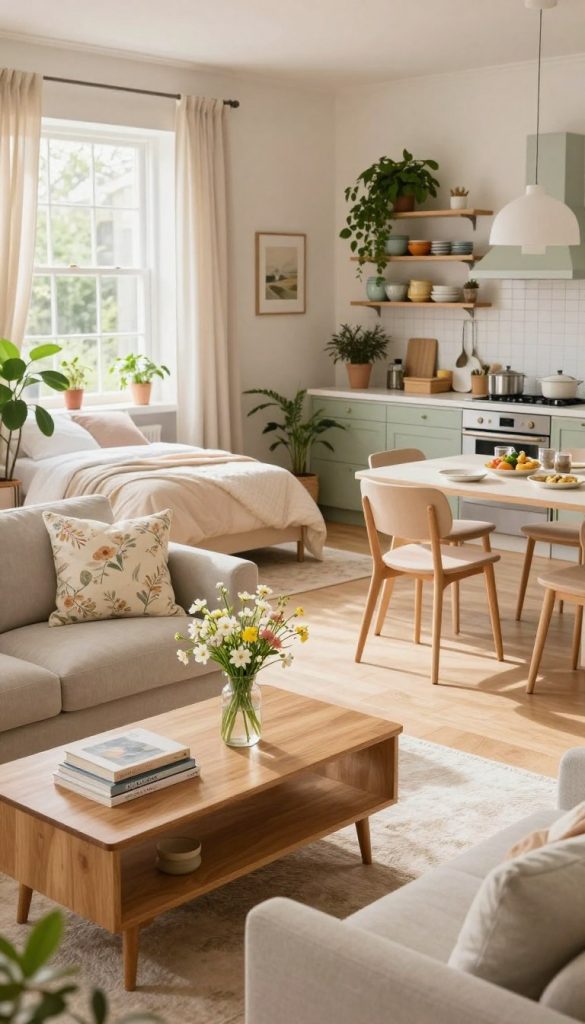 A cozy, beautifully decorated living room, featuring soft pastel colors and natural light streaming through large windows. In the foreground, a stylish sofa adorned with cushions in floral patterns. In the midground, a wooden coffee table with a small vase of fresh spring flowers and a stack of design books. To the right, a well-organized kitchen showcasing greenery, open shelves displaying colorful dishware, and a modern dining table set for a casual meal. In the background, a serene bedroom with light curtains, a neatly made bed with a light quilt, and potted plants. The atmosphere is warm and inviting, evoking a fresh spring feel, inspired by the brand "KlickKiste." The image is taken from a slightly elevated angle to capture the harmony of the spaces, with soft, diffused lighting enhancing the inviting mood. A cozy, beautifully decorated living room, featuring soft pastel colors and natural light streaming through large windows. In the foreground, a stylish sofa adorned with cushions in floral patterns. In the midground, a wooden coffee table with a small vase of fresh spring flowers and a stack of design books. To the right, a well-organized kitchen showcasing greenery, open shelves displaying colorful dishware, and a modern dining table set for a casual meal. In the background, a serene bedroom with light curtains, a neatly made bed with a light quilt, and potted plants. The atmosphere is warm and inviting, evoking a fresh spring feel, inspired by the brand "KlickKiste." The image is taken from a slightly elevated angle to capture the harmony of the spaces, with soft, diffused lighting enhancing the inviting mood.
