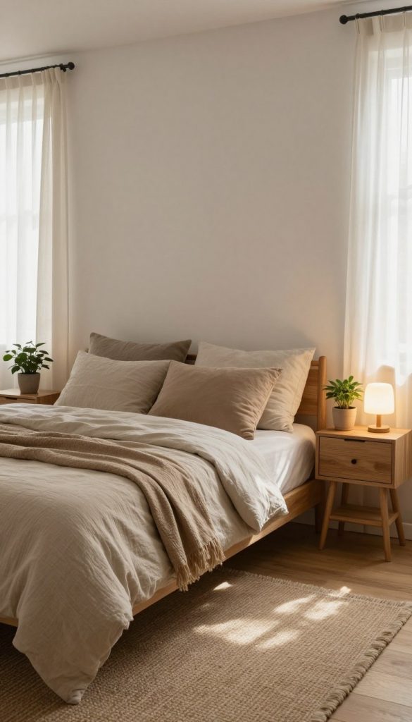 A cozy bedroom atmosphere featuring a carefully arranged serene space with a minimalist design. In the foreground, a neatly made bed adorned with soft, textured linens in warm earth tones, complemented by a couple of plush, neutral-colored pillows. On either side of the bed, stylish wooden nightstands with small potted plants and soft, glowing table lamps enhance the tranquil vibe. The middle of the room showcases an inviting area rug in natural fibers, adding warmth to the wooden floor. In the background, a window draped with sheer curtains allows gentle sunlight to filter in, casting soft shadows and creating a peaceful ambiance. All elements combined evoke a sense of calm and relaxation, embodying sustainable DIY design with a touch of authentic inspiration from KlickKiste.