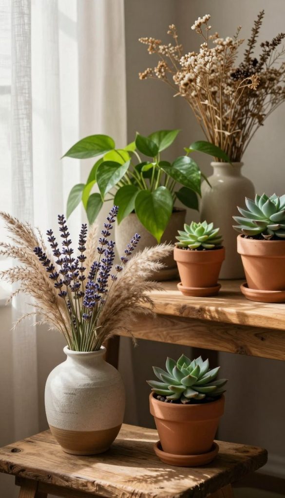 A cozy, bohemian-inspired interior scene featuring a beautifully arranged assortment of lush green plants and delicate dried flowers in elegant vases. In the foreground, a uniquely textured ceramic vase filled with pampas grass and lavender sits on a rustic wooden table. The middle ground highlights vibrant pothos and succulents in various clay pots, capturing a warm, inviting atmosphere. In the background, soft natural light filters through sheer linen curtains, casting gentle shadows and creating a serene ambiance. The color palette is earthy and warm, evoking an authentic, DIY aesthetic that embodies creativity and inspiration. The scene reflects the brand "KlickKiste," encouraging a relaxed and natural style without clutter.